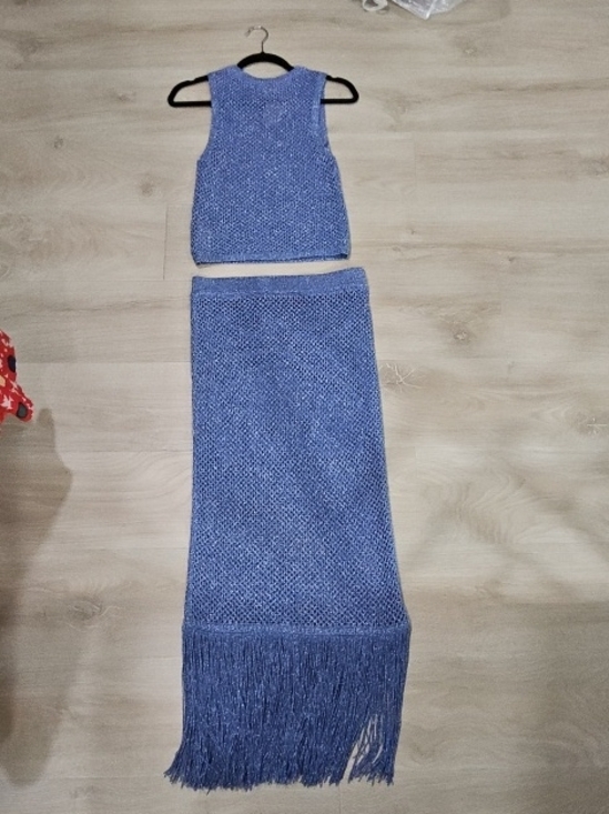 Mango Dresses & Skirts - Mango Shimmer Knit Fringe Skirt Set in Periwinkle Blue